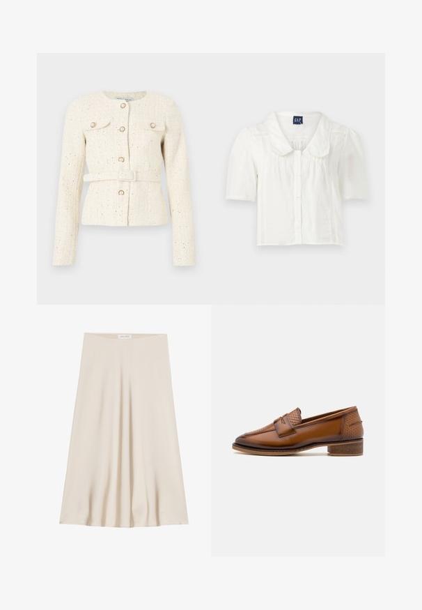 Veste en tweed crème avec boutons en perles, poches à rabat à l’avant, manches longues et ceinture assortie à la taille.; Chemisier blanc à manches courtes et col, avec fermeture à boutons, présentant de subtils plis verticaux et des accents texturés sur les côtés.; Une jupe crème, à longueur de genoux, fabriquée en tissu lisse avec un design évasé et une large taille. Pas de motifs ou d'ornements présents.; Mocassins en cuir marron avec un panneau avant tissé texturé, bout rond et petit talon empilé. Finition lisse avec des détails de couture subtils.