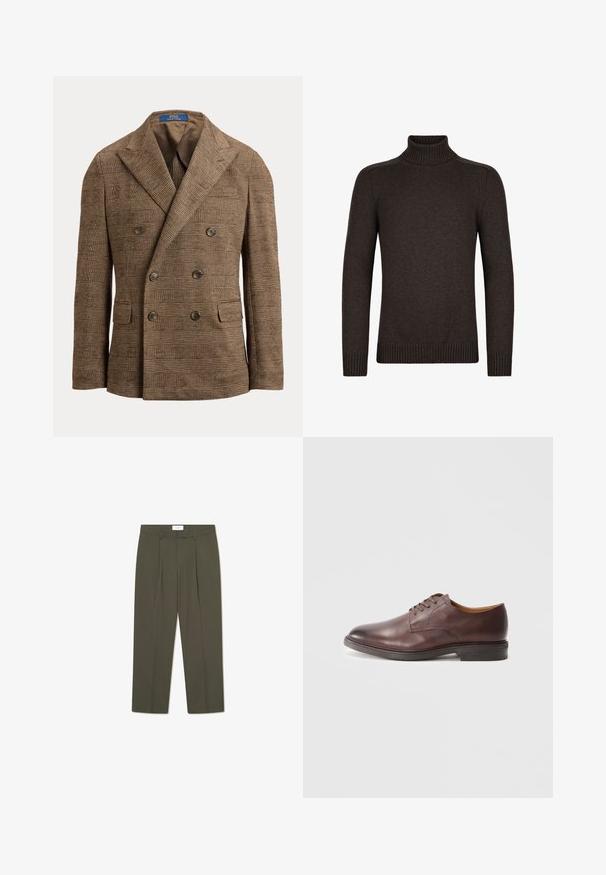 Brauner zweireihiger Blazer mit kariertem Muster, spitzem Revers, vier Knöpfen und Pattentaschen, dargestellt auf weißem Hintergrund.; Dunkelbrauner gestrickter Rollkragenpullover mit langen Ärmeln und gerippten Bündchen und Saum, auf weißem Hintergrund dargestellt.; Olivgrüne Hose mit vertikalen Nadelstreifen, tailliertem Bund, Falten und geradem Bein. Glatte Textur.; Braune lederne Schnürschuhe für Herren mit glatter Oberfläche und gestapeltem Absatz auf weißem Hintergrund.