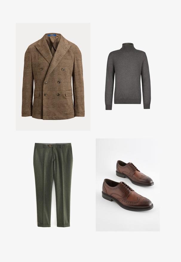 Blazer marron croisé à motif à carreaux, col à pointe, quatre boutons et poches à rabat, présenté sur fond blanc.; Pull à col roulé à manches longues gris foncé avec poignets et ourlet côtelés, réalisé en tissu tricoté doux, présenté sur fond blanc.; Pantalons vert foncé en tissu texturé, dotés de poches latérales, d'une fermeture à bouton sur le devant et de poignets retroussés pour un look soigné.; Chaussures habillées brogue en cuir marron avec détails perforés et semelles noires, présentées côte à côte sur un fond blanc.