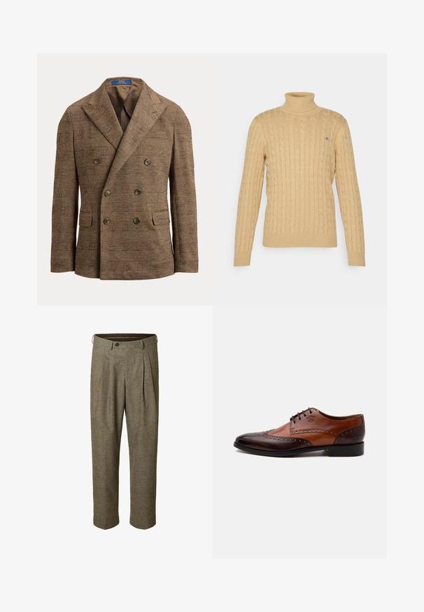 Blazer marron croisé à motif à carreaux, col à pointe, quatre boutons et poches à rabat, présenté sur fond blanc.; Pull à col roulé beige clair avec un design en maille torsadée, des poignets et un ourlet côtelés. Présente un petit logo bleu sur la poitrine.; Pantalon marron à motif à carreaux avec un devant plissé, des poches latérales, une taille avec passants pour ceinture et une fermeture par bouton.; Chaussure habillée homme en cuir marron bicolore avec détails brogue et fermeture à lacets, vue de côté sur fond blanc.