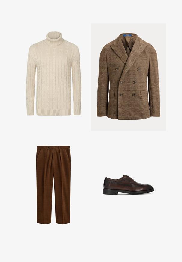 Blazer marron croisé à motif à carreaux, col à pointe, quatre boutons et poches à rabat, présenté sur fond blanc.; Pull en maille torsadée à col roulé couleur beige clair, doté de poignets et d'un ourlet côtelés. Fabriqué dans un matériau doux et texturé, offrant un ajustement confortable.; Pantalon en velours côtelé marron avec des plis, poches latérales, passants pour ceinture et fermeture par bouton à la taille, présenté à plat sur fond blanc.; Chaussure Oxford à bout golf en cuir brun avec détails de brogue perforés et semelle noire, vue de profil latéral.