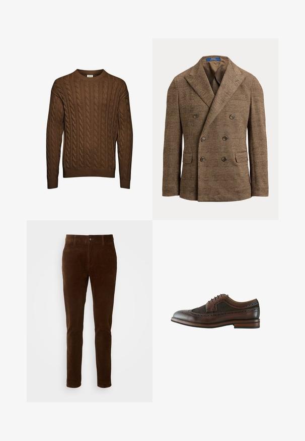 Brun dobbeltbrystet blazer med ternet mønster, spids revers, fire knapper og klaplommer, vist på hvid baggrund.; Brun kabelstrikket sweater med lange ærmer, ribbet manchetter og kant, samt rund halsudskæring, vist mod hvid baggrund.; Brune cordfløjlsbukser med lige ben, der har en knaplukning og subtil lodret ribbe-textur.; Mørkebrun læder wingtip brogue sko med dekorative perforeringer, snørelukning og træsål med lagdelt hæl.