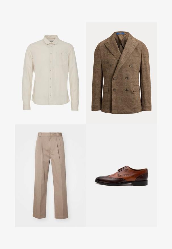 Blazer marron croisé à motif à carreaux, col à pointe, quatre boutons et poches à rabat, présenté sur fond blanc.; Chemise à manches longues beige clair avec un col boutonné, poche poitrine simple et texture subtile. Fermeture à boutons sur le devant.; Pantalons beiges taille haute avec une coupe large. Comprend deux plis à l'avant et une texture lisse. Longueur standard avec une finition soignée.; Chaussure habillée homme en cuir marron bicolore avec détails brogue et fermeture à lacets, vue de côté sur fond blanc.