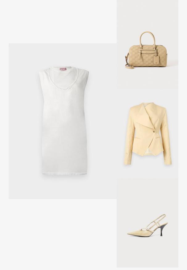 Blazer beige sur mesure avec revers asymétrique, fermeture à un bouton beige, et manches longues, présenté sur un fond clair.; Robe blanche sans manches en tissu doux, avec un col rond et des détails décoratifs semblables à des perles sur la poitrine.; Escarpin slingback beige à bout pointu avec fines brides et boucle argentée sur un talon aiguille noir de hauteur moyenne sur fond blanc.; Sac à main beige Michael Kors avec motif MK embossé, doubles poignées, poche avant zippée et bandoulière amovible sur fond blanc.