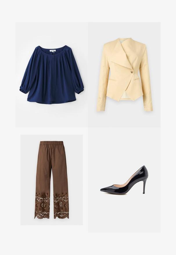 Beige op maat gemaakte blazer met asymmetrische revers, enkele beige knoopsluiting en lange mouwen, afgebeeld op een lichte achtergrond.; Navyblauwe blouse van zachte stof, met een wijde halslijn, knoopsluiting, plooien aan de voorkant en elastische manchetten met lange mouwen.; Bruine wijde broek met elastische tailleband en ingewikkelde bloemenkant met uitsnijdingen langs de onderbenen en zoom.; Zwarte lakleren hoge hak met een spitse neus, slanke stilettohak en een gladde afwerking. De binnenkant is beige. Klassiek ontwerp.
