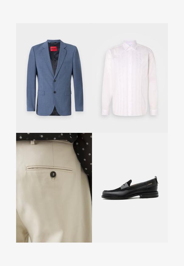 Lyseblå skræddersyet blazer med to-knaps lukning, rullekraver og sidelommer. Har en sort foring og et rødt mærke.; Hvid langærmet skjorte med klassisk krave, der har lodrette pintuck-detaljer og knaplukning foran.; Beige bukser i tekstureret stof med en baglomme, lukket med en sort knap. Subtile syninger langs lommen.; Sort læderloafer med grå remdetalje, lav hæl og tekstureret sål, mærket med "HUGO" i guld på siden.