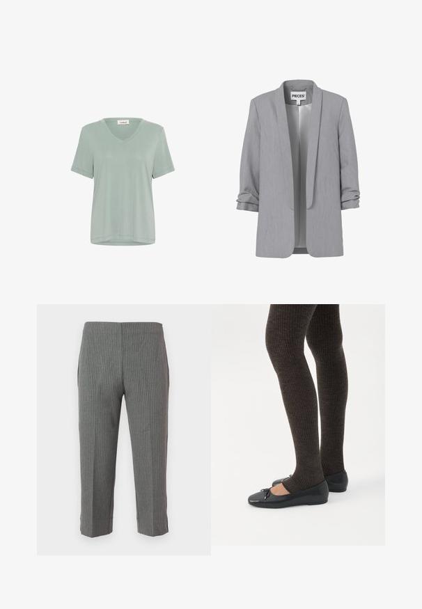 Hellgrauer Blazer mit offenem Vorderteil, hochgekrempelten Ärmeln, Schalkragen und glattem Innenfutter, innen am Kragen mit dem Label "PIECES" versehen.; Weiches, hellgrünes T-Shirt mit V-Ausschnitt und kurzen Ärmeln. Hergestellt aus glattem Stoff, mit lockerer Passform und minimalen Nähten.; Graue Nadelstreifenhose mit taillierter Form, die eine glatte Textur und eine verkürzte Länge aufweist. Keine sichtbaren Verschlüsse oder Taschen.; Beine in dunklen, gerippten Leggings kombiniert mit schwarzen Ballerinas mit kleinen Schleifendetails auf weißem Hintergrund.