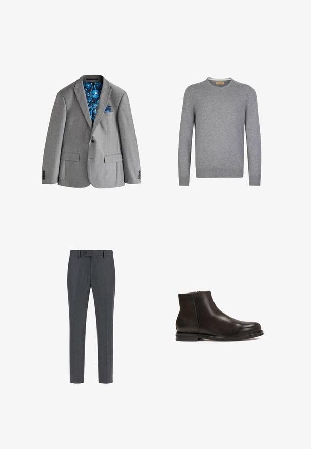 Grå enkeltknappet blazer med hakket revers, klaplommer og blå blomsterprintet foring synlig indeni og i brystlommetørklædet.; Grå langærmet sweater i blødt strikket materiale. Rund halsudskæring, ribbede manchetter og kant, med et simpelt og rent design.; Mørkegrå skræddersyede bukser i en tekstureret uldblanding, med flad front, sidelommer og enkelt knaplukning. Slim fit design.; Sort læder ankelstøvle med en glat tekstur, rund tå og lav hæl. Har en side lynlås for nem påtagning.