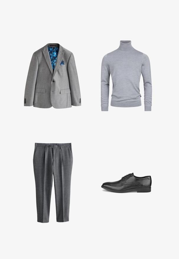 Blazer gris de un solo botón con solapas de muesca, bolsillos con solapa y forro azul con patrón floral visible en el interior y en el pañuelo del bolsillo superior.; Suéter gris de cuello tortuga hecho de un suave tejido de punto. Cuenta con mangas largas y un diseño ajustado con puños y dobladillo acanalados. Textura simple y suave.; Pantalones de vestir a medida para hombre en gris con cierre frontal de botón y cremallera, bolsillos laterales y corte recto.; Zapato de vestir de hombre de cuero negro con cordones, tacón bajo y acabado pulido liso, mostrado desde el lado exterior.