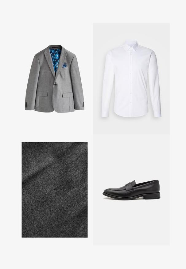 Grå enkeltknappet blazer med hakket revers, klaplommer og blå blomsterprintet foring synlig indeni og i brystlommetørklædet.; Hvid langærmet skjorte med knaplukning lavet af glat bomuldsstof, med en klassisk krave, knaplukning og buet kant.; Struktureret sort stof med en blød, let skinnende overflade, der viser et subtilt vævemønster og en glat fald.; Sort læderloafer med en glat finish, en dekorativ rem over vristen, rund tå og en lav stablet hæl.