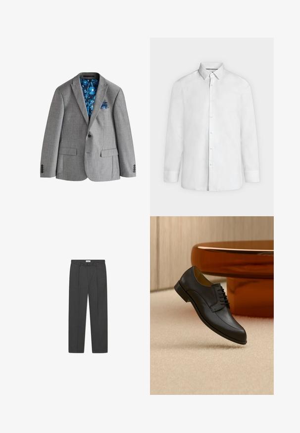 Grauer einreihiger Blazer mit Revers mit Kerbe, Pattentaschen und blau gemustertem, floralem Futter, das innen und als Einstecktuch in der Brusttasche sichtbar ist.; Weißes Hemd mit langen Ärmeln, ausgestelltem Kragen und geknöpften Manschetten, frontal auf hellgrauem Hintergrund dargestellt.; Graue maßgeschneiderte Hose mit dezentem Karomuster, strukturiertem Gewebe und vorderen Falten, ausgestattet mit einem Bund mit Gürtelschlaufen.; Schwarzer Lederschnürschuh, der über einem beigen Teppich schwebt, mit einem runden orangefarbenen Tisch im Hintergrund.