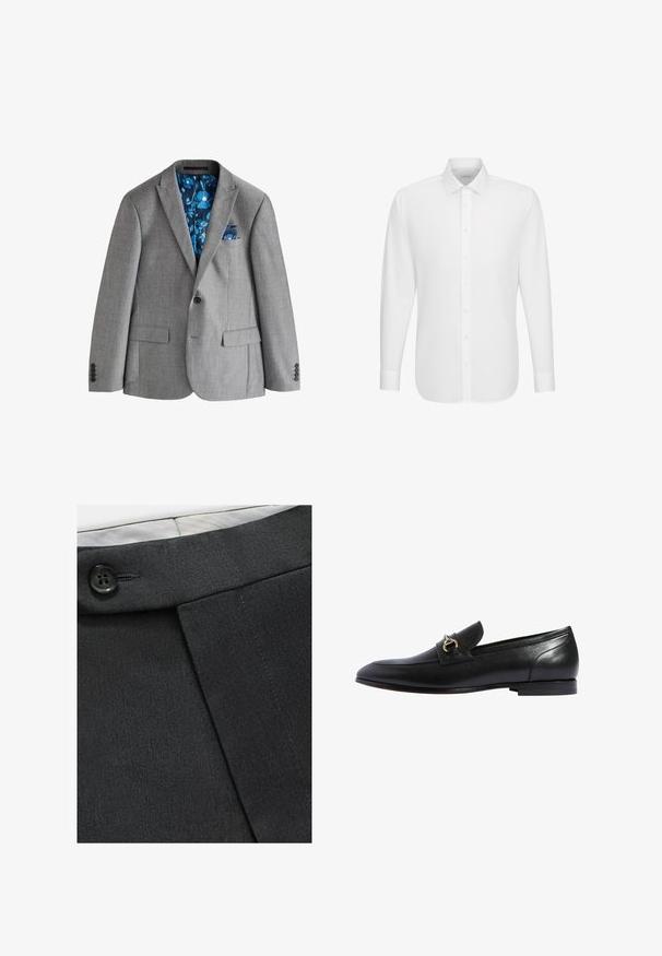Grauer einreihiger Blazer mit Revers mit Kerbe, Pattentaschen und blau gemustertem, floralem Futter, das innen und als Einstecktuch in der Brusttasche sichtbar ist.; Weißes langärmeliges Hemd mit durchgehender Knopfleiste und klassischem Kragen, auf einem schlichten weißen Hintergrund dargestellt.; Schwarze maßgeschneiderte Hosen aus glattem Stoff, mit Knopfdetails am Bund und einem gefalteten Design für eine strukturierte Form.; Schwarze Lederloafers mit abgerundetem Zehenbereich, einem goldenen Schnallenakzent und einem niedrigen, gestapelten Absatz. Glatte Oberfläche mit minimalen Nähten.