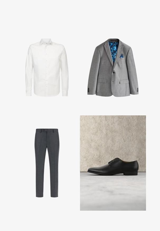 Grå enkeltknappet blazer med hakket revers, klaplommer og blå blomsterprintet foring synlig indeni og i brystlommetørklædet.; Hvid langærmet skjorte lavet af glat stof, med en klassisk krave og fuld knaplukning. Har en almindelig pasform og ingen synlige mønstre.; Mørkegrå skræddersyede bukser i en tekstureret uldblanding, med flad front, sidelommer og enkelt knaplukning. Slim fit design.; Sorte læderdress sko med en glat finish, rund tå, lav hæl og snørelukning. Har minimalistiske detaljer for et elegant udseende.