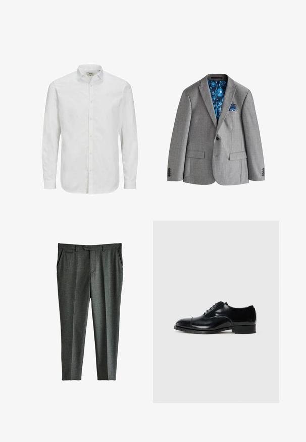 Grå enkeltknappet blazer med hakket revers, klaplommer og blå blomsterprintet foring synlig indeni og i brystlommetørklædet.; Hvid, langærmet skjorte med knaplukning lavet af bomuld, med klassisk krave, lige snit og subtil struktur. Standard knaplukning.; Grå skræddersyede bukser med et subtilt ternet mønster, frontfald, sidelommer og en enkelt knaplukning i taljen.; Sort læder dress sko med en poleret finish, afrundet tå, snøredesign og en lav stablet hæl, der har en subtil sømdetalje.