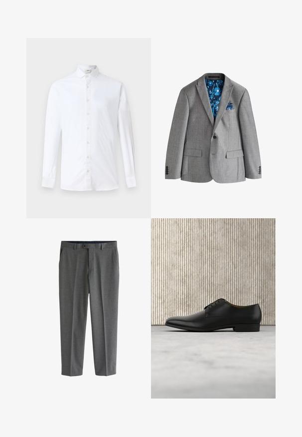 Grå enkeltknappet blazer med hakket revers, klaplommer og blå blomsterprintet foring synlig indeni og i brystlommetørklædet.; Hvid langærmet skjorte med knapper i bomuld, med klassisk krave, lige snit og en glat tekstur med matchende knapper.; Herre grå skræddersyede bukser med sidelommer, bæltestropper og en knaplukning i taljen.; Sorte læderdress sko med en glat finish, rund tå, lav hæl og snørelukning. Har minimalistiske detaljer for et elegant udseende.