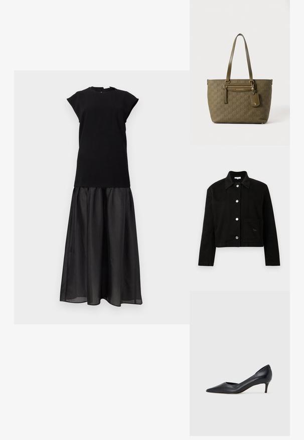 Veste noire cropped avec un col, des manches longues, des boutons-pression en métal argenté sur le devant et une poche carrée sur le bas du côté droit.; Robe noire sans manches avec un corsage ajusté et une jupe fluide, transparente et froncée, s'étendant jusqu'au sol.; Escarpin en cuir noir avec un bout pointu et un talon bas. Présente une texture lisse et un éclat subtil. Découpe ouverte à l'avant pour un détail supplémentaire.; Sac cabas vert olive Michael Kors avec motif de logo embossé, doubles bretelles, poche avant zippée et étiquette en cuir attachée.