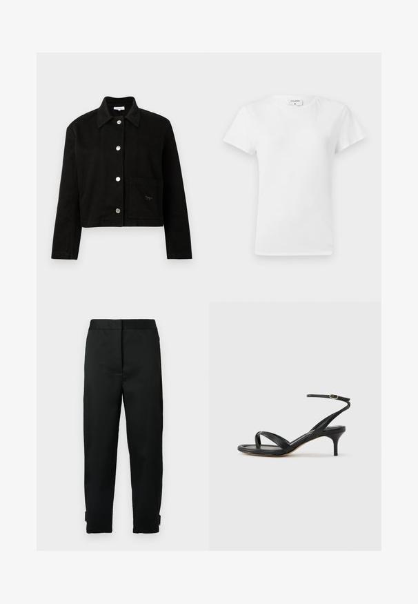 Μαύρο cropped σακάκι με γιακά, μακριά μανίκια, ασημένια κουμπιά snap κατά μήκος του μπροστινού μέρους και τετράγωνη τσέπη στην κάτω δεξιά πλευρά.; Λευκό βαμβακερό μπλουζάκι με στρογγυλή λαιμόκοψη και κοντά μανίκια, με χαλαρή εφαρμογή και μινιμαλιστικό σχέδιο. Ετικέτα ορατή στον λαιμό.; Μαύρο παντελόνι με στενή γραμμή, φτιαγμένο από λείο ύφασμα, με μέση με ζώνη, πλαϊνές τσέπες και φερμουάρ στο τελείωμα για ρυθμιζόμενο στυλ.; Γυναικεία μαύρη δερμάτινη σάνδαλα με λεπτές τιράντες, λουράκι για τα δάχτυλα, αγκράφα στον αστράγαλο και μεσαίου ύψους τακούνι στιλέτο σε ουδέτερο φόντο.