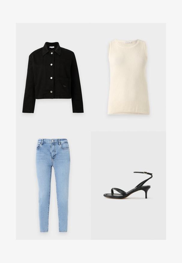 Sort cropped jakke med krave, lange ærmer, sølvnapsere ned foran og en firkantet lomme på nederste højre side.; Ärmløs cremefarvet top med ribbet tekstur og rund halsudskæring. Stoffet ser blødt ud, med en tætsiddende form og ingen synlige mønstre eller accenter.; Lyseblå, højtaljede jeans med slank pasform. Fremstillet af denim med en subtil struktur, med en lukning foran med knap og baglommer.; Sort damesandal i læder med tynde remme, en tå-loop, ankelspænde og en mellemhøj stiletthæl på en neutral baggrund.