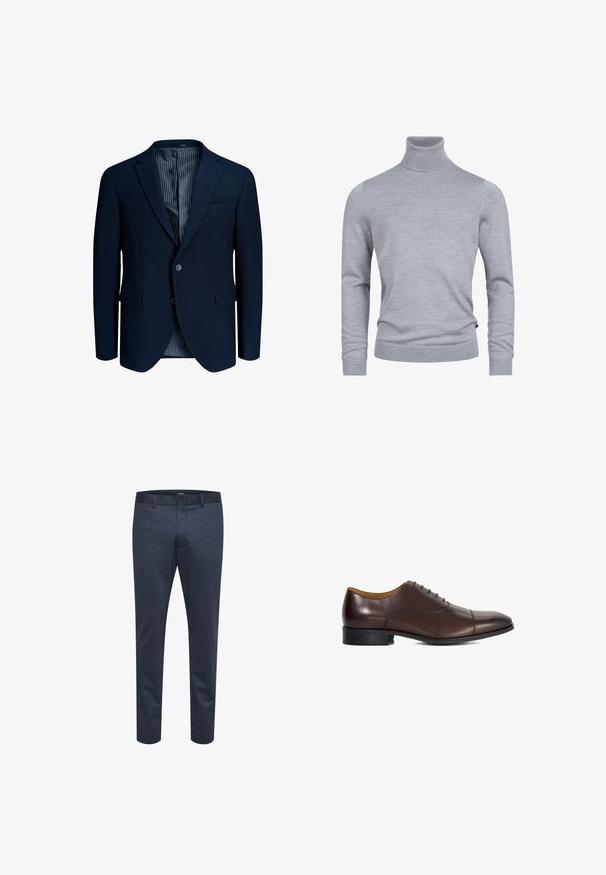 Donker marineblauw herenblazer met twee knopen, inkeping revers, klepzakken en een gestreepte binnenvoering.; Grijze coltrui gemaakt van een zachte breistof. Beschikt over lange mouwen en een getailleerd ontwerp met geribde manchetten en zoom. Simpele, gladde textuur.; Marineblauwe broek van textuurstof met een slim fit, voorzien van een knoopsluiting en ceintuurlussen, geschikt voor zowel casual als formele gelegenheden.; Bruine leren oxford schoen met een gladde afwerking, een afgeronde neus, vijf vetergaatjes en een lage, stevige zwarte hak.
