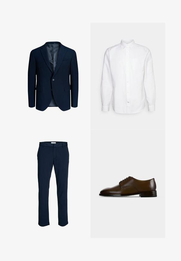 Blazer homme bleu marine foncé avec deux boutons, revers crantés, poches à rabat et doublure intérieure rayée.; GAP STANDARD OXFORD - Chemise - white; Pantalon en mélange de coton bleu marine avec une coupe droite, présentant une taille plate, des passants de ceinture et sans poches ou ornements visibles.; Chaussure habillée en cuir marron pour homme avec laçage fermé, petit talon et surface lisse et polie, montrée de profil sur un fond uni.
