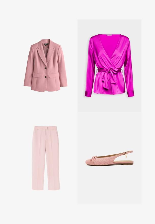Lyserød blazer lavet af tekstureret stof, med reverskrave, to forlommer og to sorte knapper til lukning.; Anna Field by Zalando Bluse - purple; Lyserøde bukser med skræddersyet design, der har to sidelommer, en glat tekstur og folder foran for ekstra detalje.; Pink flad slingback sko med tekstureret stof, sløjfe på rundet tå, ankelrem med guldlås og vedhæng og lav brun sål.