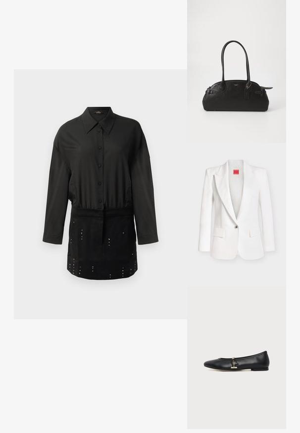 Hvid blazer med en enkelt knap, med hakkede revers, to forlommer med klap og et rødt "HUGO" mærke inde i kraven.; Sort langærmet skjorte med knaplukning og spids krave samt et nitterdesign på den nedre forreste panel.; Sort læder flad sko med rundet tå og lille guldlåsdetalje på siden, vist på en ensfarvet lys baggrund.; Sort læderhåndtaske i rund form, med to lange håndtag, guldfarvet hardware og et lille mærke vedhæftet. Lynlåslukning på toppen.
