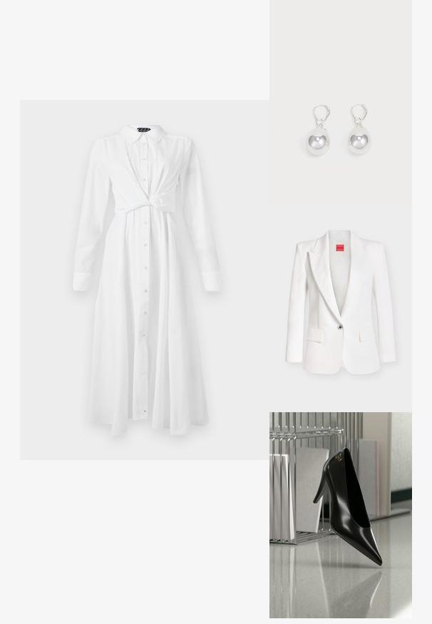 Weißer Ein-Knopf-Blazer mit Revers mit Kerbe, zwei vorderen Pattentaschen und einem roten "HUGO"-Label innen im Kragen.; Weißes Langarmhemdkleid mit Kragen, Knopfleiste und geknotetem Taillendesign; hat einen fließenden, geraden Schnitt und eine weiche Textur.; Schwarzer High-Heel-Schuh mit spitzer Zehe und goldem Logo, auf einer reflektierenden Oberfläche nahe einem verchromten Draht-Organizer mit Dokumenten positioniert.; Silberne Tropfenohrringe mit glatten, runden, reflektierenden Oberflächen, die an Hakenverschlüssen hängen. Der Hintergrund ist reinweiß.
