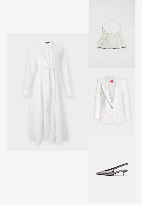 Blazer blanco de un solo botón con solapas con muesca, dos bolsillos frontales con solapa y una etiqueta roja "HUGO" dentro del cuello.; Vestido de camisa blanco de manga larga con cuello, cierre de botones en la parte delantera y diseño de cintura anudada; presenta un corte recto y fluido, y una textura suave.; Zapato slingback gris metálico con punta puntiaguda, tacón bajo tipo kitten y correa ajustable sobre fondo blanco.; Lacoste LENGLEN BAG - Bolso de mano - cristalline