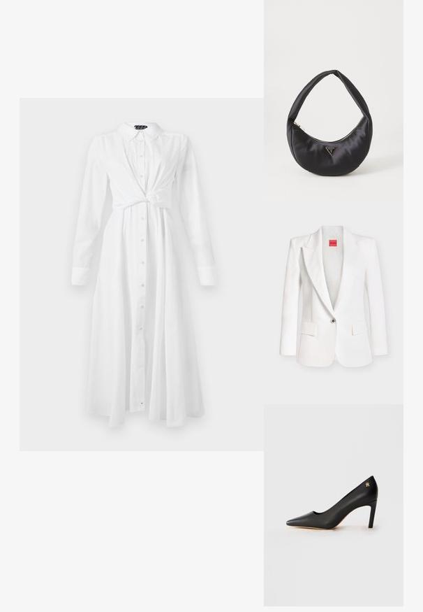 Blazer blanco de un solo botón con solapas con muesca, dos bolsillos frontales con solapa y una etiqueta roja "HUGO" dentro del cuello.; Vestido de camisa blanco de manga larga con cuello, cierre de botones en la parte delantera y diseño de cintura anudada; presenta un corte recto y fluido, y una textura suave.; Zapato de tacón alto negro de piel con punta afilada y tacón stiletto de altura media, y pequeño emblema dorado cerca del tacón, sobre fondo blanco.; Bolso de satén negro con forma curva, que cuenta con un cierre de cremallera y un logo triangular en metal en la parte delantera. Textura suave y diseño elegante.