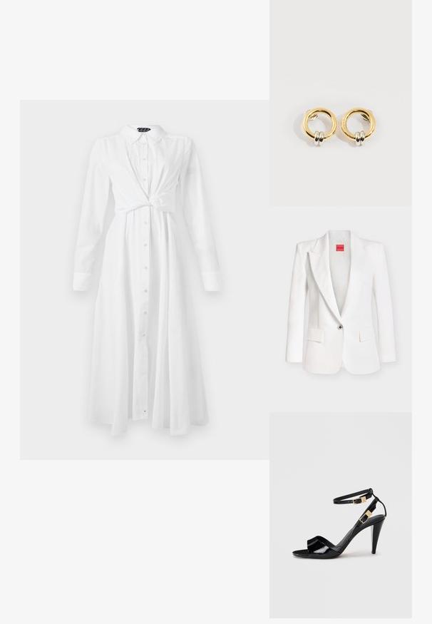 Blazer blanco de un solo botón con solapas con muesca, dos bolsillos frontales con solapa y una etiqueta roja "HUGO" dentro del cuello.; Vestido de camisa blanco de manga larga con cuello, cierre de botones en la parte delantera y diseño de cintura anudada; presenta un corte recto y fluido, y una textura suave.; Sандalia de tacón alto de charol negro con dobles correas en el tobillo y hebillas doradas, punta abierta y tacón delgado y afilado sobre un fondo neutro.; Pendientes circulares de oro con dos pequeños anillos de plata en cada uno, que muestran detalles sutiles del nombre de la marca grabado, colocados sobre un fondo blanco.