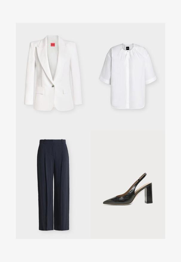 Blazer blanc à un bouton avec revers crantés, deux poches à rabat sur le devant, et une étiquette rouge "HUGO" à l’intérieur du col.; Blouse blanche à manches courtes avec col rond, patte de boutonnage à l'avant, coupe ample et légère fronce sous le col, étiquette BOSS à l'intérieur du col.; Pantalon large bleu marine à fines rayures, avec passants de ceinture et plis devant, présenté sur un fond blanc uni.; Chaussure slingback en cuir noir à bout pointu avec un talon bloc haut et une doublure intérieure beige sur un fond clair uni.