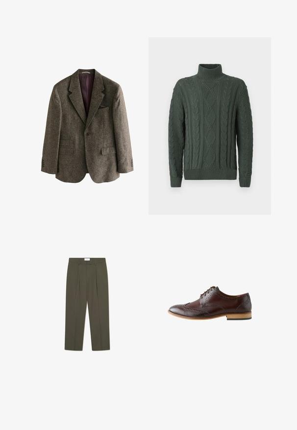 Bruine tweed blazer met een notch-kraag, twee voorzakken, een enkele knoopsluiting en een bordeauxkleurige voering. Inclusief een pochet.; Donkergroene kabelgebreide turtleneck trui met een ruit- en vlechtpatroon, geribde manchetten en zoom.; Olijfgroene broek met verticale krijtstrepen, voorzien van een op maat gemaakte taille, plooien en een rechte pijp. Gladde textuur.; Donkerbruine leren brogues met wingtip-details, gesloten vetersluiting en een lichte houten zool, bekeken vanaf de buitenkant.