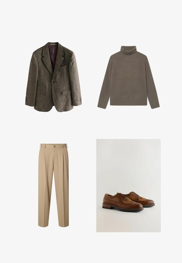 Brauner Tweed-Blazer mit Reverskragen, zwei Vorderaschen, einem Einzelknopfverschluss und burgunderfarbener Innenfutter. Inklusive eines Einstecktuchs.; Rippstrick-Turtleneck-Pullover in gedämpftem Olivgrün, mit langen Ärmeln und tailliertem Design. Hergestellt aus einem weichen, strukturierten Strickmaterial.; Beige maßgeschneiderte Hose mit vorderen Falten, Gürtelschlaufen, Knopfverschluss und geradem Bein.; Braune Lederschuhe mit Brogue-Verzierungen, einer glatten Textur, einem Schnürdesign und einer massiven Gummisohle für zusätzlichen Halt.