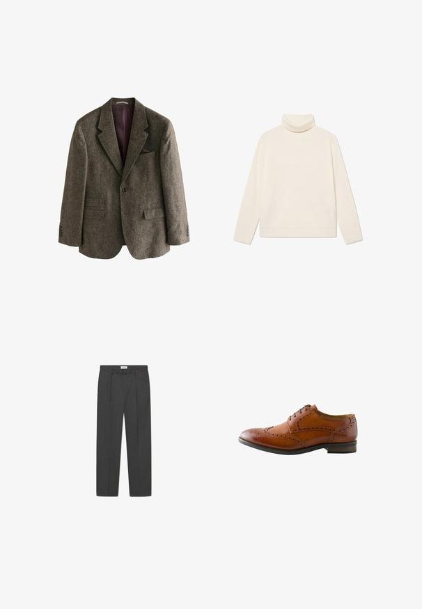 Brauner Tweed-Blazer mit Reverskragen, zwei Vorderaschen, einem Einzelknopfverschluss und burgunderfarbener Innenfutter. Inklusive eines Einstecktuchs.; Cremfarbener, gerippter Rollkragenpullover aus weichem Stoff, mit langen Ärmeln und lässiger Passform, mit umgeschlagenem Kragen und Saum.; Graue maßgeschneiderte Hose mit dezentem Karomuster, strukturiertem Gewebe und vorderen Falten, ausgestattet mit einem Bund mit Gürtelschlaufen.; Brauner Herrenschnürschuh aus Leder mit Brogue-Muster, Flügelspitzen-Perforation und schwarzen Schnürsenkeln, von der Außenseite gezeigt.