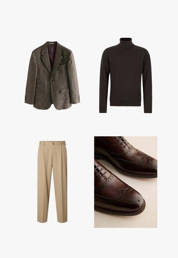Brauner Tweed-Blazer mit Reverskragen, zwei Vorderaschen, einem Einzelknopfverschluss und burgunderfarbener Innenfutter. Inklusive eines Einstecktuchs.; Dunkelbrauner Rollkragenpullover mit langen Ärmeln, gerippten Bündchen und Saum, aus weichem Strickstoff.; Beige maßgeschneiderte Hose mit vorderen Falten, Gürtelschlaufen, Knopfverschluss und geradem Bein.; Ein Paar dunkelbraune Leder-Brogues mit dekorativen Lochverzierungen und Schnürsenkeln auf einer hellen Oberfläche.