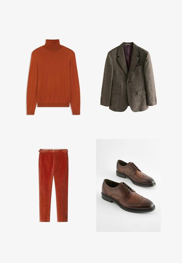 Blazer en tweed marron avec un col à cran, deux poches avant, une fermeture à bouton unique et une doublure bordeaux. Comprend un pochette.; Pull à col roulé couleur rouille en tissu doux. Design ajusté avec des manches longues et un col et un ourlet côtelés. Texture lisse dans l'ensemble.; Pantalon en velours côtelé orange profond, conçu avec une jambe droite, une texture subtile, des passants de ceinture et une finition lisse.; Chaussures derby en cuir marron avec un design brogue, bout pointu et semelle en caoutchouc plate. Perforations intriquées le long des bords.