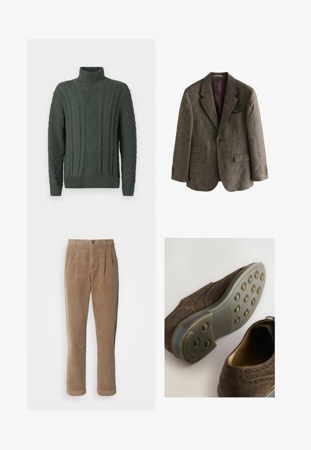 Brauner Tweed-Blazer mit Reverskragen, zwei Vorderaschen, einem Einzelknopfverschluss und burgunderfarbener Innenfutter. Inklusive eines Einstecktuchs.; Dunkelgrüner Strickpullover mit Rollkragen, versehen mit Diamant- und Zopfmuster, sowie gerippten Bündchen und Saum.; Braune Cordhosen mit einem hochgeschnittenen Design, featuring vorderen Falten, einem Knopfverschluss und geraden Beinen. Das strukturierte Material ist sichtbar.; Braune Wildleder-Oxfordschuhe mit runder Zehenpartie, durchbrochener Gestaltung und Gummisohle mit kreisförmigen Profilmustern.