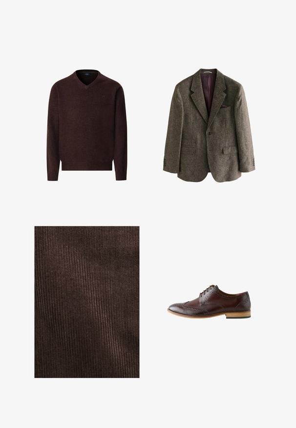 Bruine tweed blazer met een notch-kraag, twee voorzakken, een enkele knoopsluiting en een bordeauxkleurige voering. Inclusief een pochet.; Bruin v-hals trui van zacht materiaal, met lange mouwen en geribde manchetten. Minimale details met een subtiel logo op de borst.; Bruin corduroy stof met verticale ribbels, zachte textuur en een diepe, rijke kleur, geschikt voor bekleding of kleding.; Donkerbruine leren brogues met wingtip-details, gesloten vetersluiting en een lichte houten zool, bekeken vanaf de buitenkant.