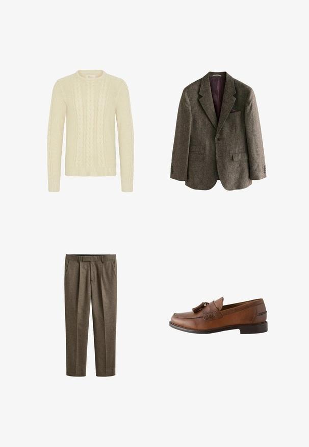 Blazer en tweed marron avec un col à cran, deux poches avant, une fermeture à bouton unique et une doublure bordeaux. Comprend un pochette.; Blend BHBASIM - Pullover - oyster gray; Pantalon marron pour homme, coupe ajustée avec plis devant, poches latérales, passants de ceinture et coupe droite.; Mocassin à pampilles en cuir marron avec détails cousus et talon bas empilé, montré de profil sur fond blanc.