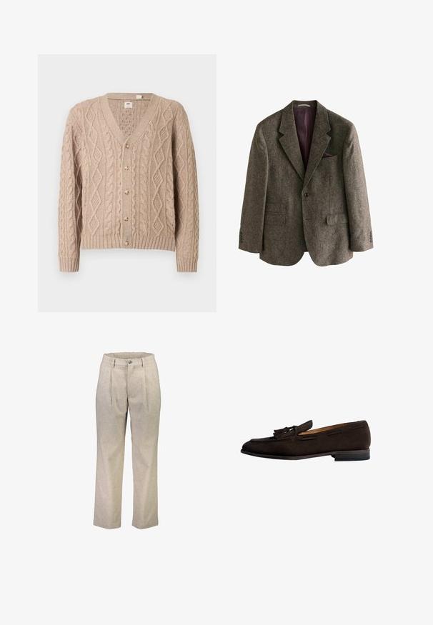 Brauner Tweed-Blazer mit Reverskragen, zwei Vorderaschen, einem Einzelknopfverschluss und burgunderfarbener Innenfutter. Inklusive eines Einstecktuchs.; Beige Strickjacke mit Zopfmuster, V-Ausschnitt, sechs Knöpfen vorne und gerippten Bündchen sowie Saum.; Beige Wollmischungshose mit geradem Schnitt, ausgestattet mit zwei vorderen Falten, einem Knopfverschluss und Seitentaschen. Glatte Textur.; Dunkelbrauner Wildleder-Tasselloafer mit niedrigem gestapeltem Absatz und abgerundetem Vorderteil in Seitenansicht auf weißem Hintergrund.