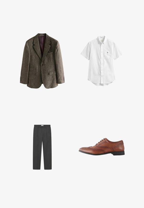 Brauner Tweed-Blazer mit Reverskragen, zwei Vorderaschen, einem Einzelknopfverschluss und burgunderfarbener Innenfutter. Inklusive eines Einstecktuchs.; Weißes kurzärmeliges Hemd mit Knöpfen, Brusttasche mit kleinem besticktem Logo und Knopfkragen.; Graue maßgeschneiderte Hose mit dezentem Karomuster, strukturiertem Gewebe und vorderen Falten, ausgestattet mit einem Bund mit Gürtelschlaufen.; Brauner Herrenschuh aus Leder im Brogue-Stil mit dekorativen Perforationen und schwarzer Sohle, seitliche Ansicht.