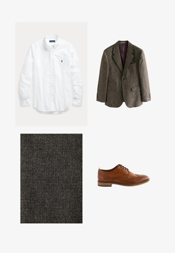 Brun tweed blazer med notch-krave, to frontlommer, en enkelt knaplukning og en bordeaux foring. Inkluderer en lommetørklæde.; Hvid skjorte med lange ærmer, knapper og krave, med lille mørkt logo på venstre bryst, lagt fladt på en lys baggrund.; Mørkt tekstureret stof med et subtilt mønster, der har en blanding af grå og brune tråde, der skaber et vævet udseende. Glat at røre ved.; Herres brun læder brogue Oxford-sko med wingtip-perforeringer og sorte snørebånd, træsål og lav hæl.
