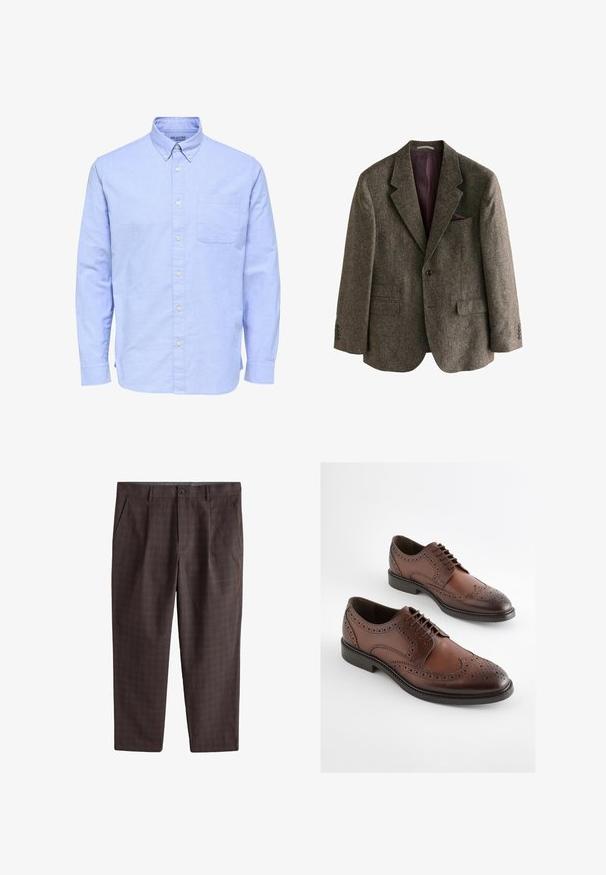 Brauner Tweed-Blazer mit Reverskragen, zwei Vorderaschen, einem Einzelknopfverschluss und burgunderfarbener Innenfutter. Inklusive eines Einstecktuchs.; Hellblaues langärmeliges Hemd mit Knöpfen, geknöpftem Kragen und einer einzelnen Brusttasche auf der linken Seite.; Braune Herrenanzughose mit dezentem Karomuster, Knopfverschluss, Seitentaschen und Gürtelschlaufen, flach auf weißem Hintergrund liegend.; Braune Brogue-Lederschnürschuhe mit perforierten Details und schwarzen Sohlen, nebeneinander auf weißem Hintergrund dargestellt.