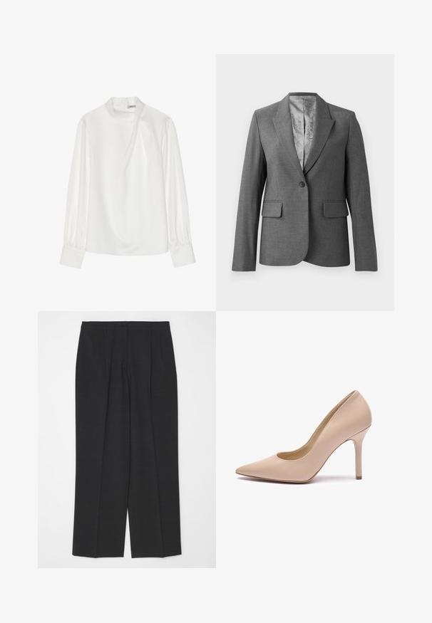 Grijze op maat gemaakte blazer met notch revers, enkele knoopsluiting, twee voorzakken en een gladde, gestreepte voering. Standaard pasvorm met lange mouwen.; Witte blouse met een hoge halslijn, lange pofmouwen en een ritssluiting aan de achterkant. Glad stof met een lichte glans en subtiele val.; Donkergrijze maatwerkbroek met een rechte pijp, voorzien van een enkele knoopsluiting en twee voorplooien, een gladde textuur en zonder versieringen.; Naaktkleurige leren pump met hoge hak, een spitse neus, een gladde textuur en een slank silhouet, voorzien van een slanke naaldhak.