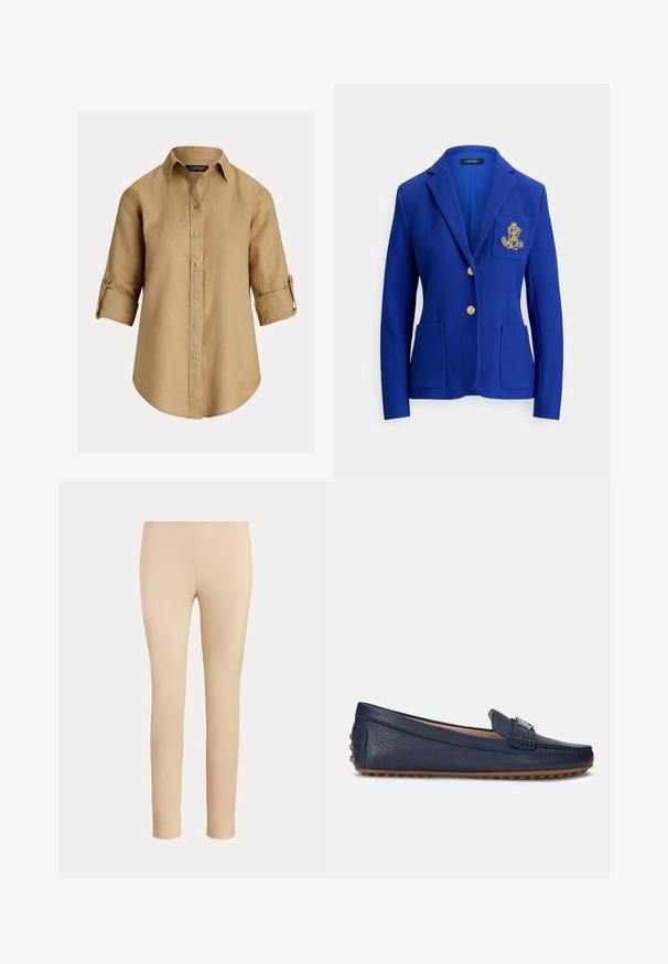 Blauer Blazer aus strukturiertem Stoff, mit einreihiger Knopfleiste, zwei Taschen vorne, goldenen Knöpfen und einem gestickten Logo auf der Brust.; Hellbraunes Leinenhemd mit knöpfbarer Vorderseite, hochgekrempelten Ärmeln und klassischem Kragen. Verfügt über eine lockere Passform und eine glatte Textur.; Beige, figurbetonte, knöchellange Hose mit glatter Oberfläche und ohne sichtbare Taschen oder Verzierungen auf einfarbigem Hintergrund.; Dunkelblaue Lederloafer mit strukturiertem Finish, im Slip-On-Design, mit gesteppten Akzenten und gummibehobenen Sohlen für besseren Halt.