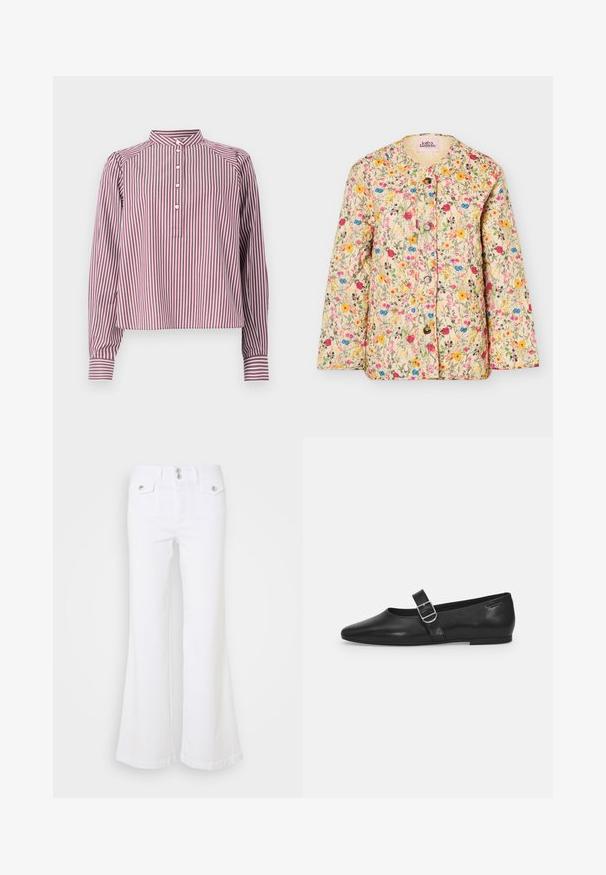 Krem puffet jakke med farverigt blomsterprint, rund krave og fire forreste knapper.; Langærmet skjorte med vertikale hvide og burgunder striber, kinakrave, fire hvide knapper på frontklappen og knapmanchetter.; Hvide udsvingende jeans lavet af denim, med høj talje, to forlommer og sølvknapdetaljer på en ensfarvet baggrund.; Sorte læder flade sko med rund tå, et enkelt justerbart spænde og en glat, blank overflade. Minimalistisk design med en lav hæl.