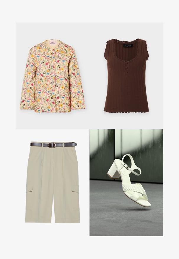 Veste matelassée crème avec imprimé floral coloré, col rond et quatre boutons à l'avant.; Top marron sans manches en maille côtelée avec des bords festonnés, trois boutons recouverts de tissu au niveau de l'encolure et un col rond dégagé.; Shorts cargo beige avec une coupe décontractée, dotés de deux poches latérales et d'une ceinture marron avec une boucle ronde, texture de tissu lisse.; Sandale à talon blanche avec des brides tressées et une boucle à la cheville, posée sur un sol gris devant un arrière-plan réfléchissant flou.