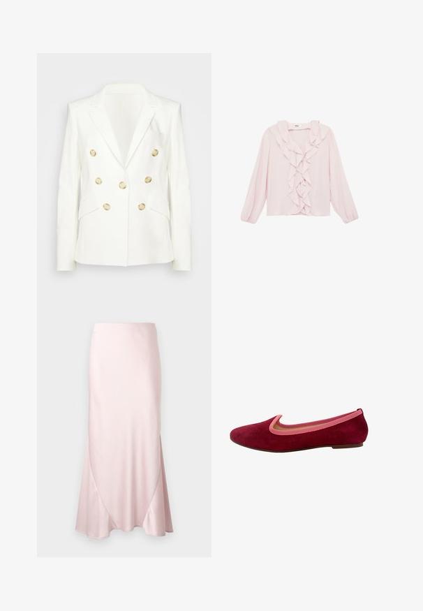 Veronica Beard CLIFTON DICKEY JACKET - Blazer - white; Hellrosa Bluse mit langen Ärmeln und gestufter Rüscheneinfassung entlang des Ausschnitts und der Vorderseite, mit elastischen Bündchen.; Hellrosa Satin-Midirock mit A-Linien-Silhouette und dezenten diagonalen Nahtdetails vor einfarbigem Hintergrund.; Ballettschuh aus burgunderfarbenem Wildleder mit einem rosa elastischen Rand. Verfügt über eine runde Zehe und eine flache Außensohle für Komfort.