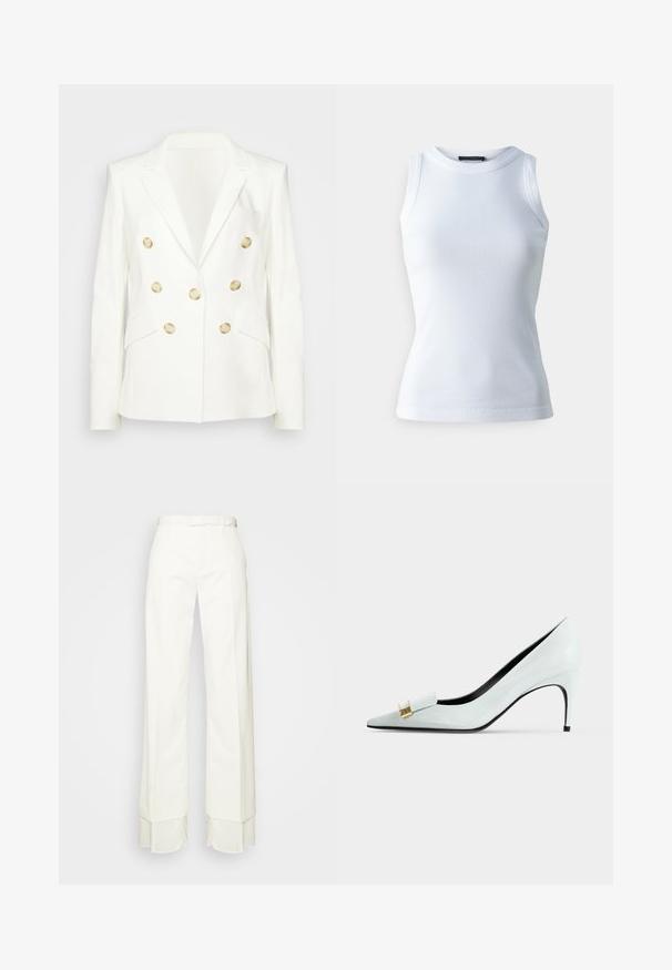 Veronica Beard CLIFTON DICKEY JACKET - Blazer - white; White sleeveless top made of ribbed fabric, featuring a round neckline and a fitted silhouette. Smooth texture, no visible patterns or accents.; MM6 Maison Margiela PANTS - Trousers - off white; White leather pointed-toe high heel with gold-tone decorative buckle and slim heel on a plain light background.
