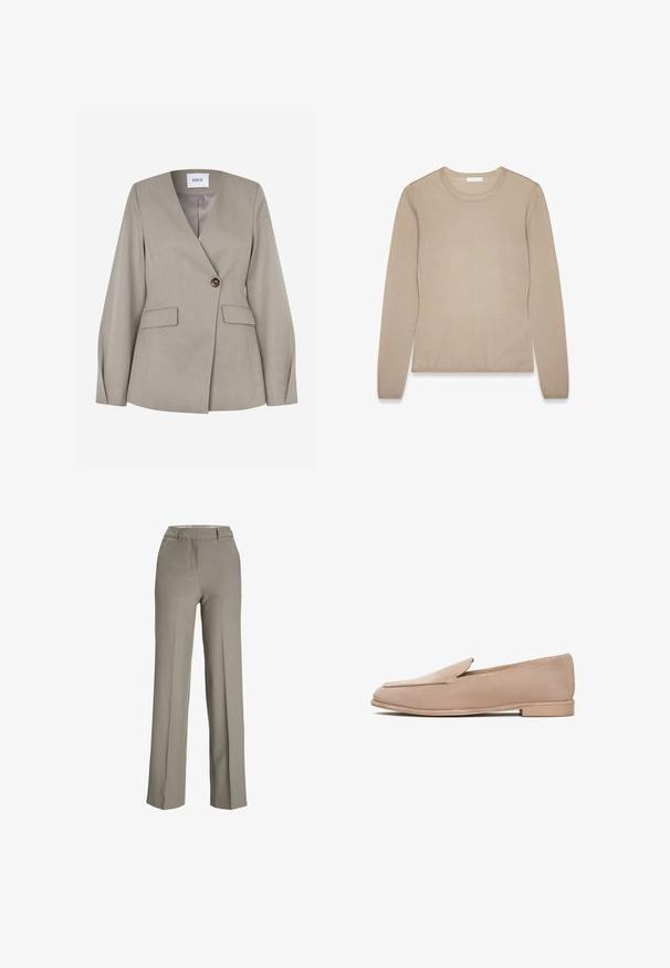 Lysegrå skræddersyet blazer med notch-krave, enkelt knaplukning, to frontlommer og lange ærmer. Glat stof med et formelt design.; Beige langærmet pullover striktrøje i blødt garn med rund halsudskæring og ribbede manchetter, der har en glat overflade og enkle linjer.; Lys grå, brede bukser lavet af et glat stof med en skræddersyet talje, frontfolder og sidelommer.; Beige ruskind loafers med flad sål, en diskret spids tå og minimal syning langs kanterne. Glat tekstur hele vejen rundt.